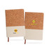 A pair of A5 notebooks featuring natural cork and cotton covers in beige and brown, with branding on the front.