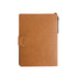 A brown notepad with a ballpoint pen attached, featuring a clasp closure. It has a simple design and includes a logo.