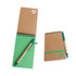 A spiral notebook with a green interior and a green ballpoint pen, featuring a recycled material design.