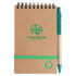 A brown spiral notebook with a green pen attached, featuring a logo and a green elastic band.