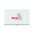 A sleek silver Aluminium Business Card Holder with a logo on the front.