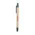 A stylus pen with a green top and a natural wood barrel, featuring a branding logo.
