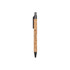 A cork pen with a grey click mechanism and black nib, featuring a logo on the barrel. A cork pen with a grey click mechanism and black nib, featuring a logo on the barrel.