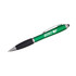 A green stylus pen with a black grip and a silver clip, featuring a logo on its body. A green stylus pen with a black grip and a silver clip, featuring a logo on its body.