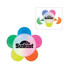 A flower-shaped highlighter featuring pink, orange, green, blue, and yellow sections, with a logo on the centre.