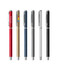 A selection of six aluminium gel pens in red, gold, blue, grey, silver, and black, featuring various designs and logos.