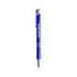 A blue aluminium click pen with a silver clip and branding on the barrel.