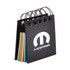 A 4-layer recycled sticky notepad with a black cover and colourful sticky notes, featuring a logo on the front.