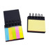 A black, four-layer sticky notepad featuring blue, pink, yellow, and green notes. It includes a ring binding and a cover.