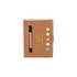 A brown sticky notes holder with a pen and brightly coloured sticky flags inside. It features a logo on the front.