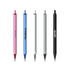 Five plastic pens in pink, light blue, white, and black, featuring a ruler design along the barrel. Each pen has a logo.