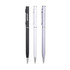 A collection of three Aluminium Cross Pens in black, white, and silver, featuring a logo on one pen. A collection of three Aluminium Cross Pens in black, white, and silver, featuring a logo on one pen.