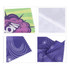 A microfibre lens cloth featuring vibrant patterns in green, purple, and white, with a logo in one corner.