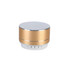 A gold Bluetooth speaker with a silver mesh top and control buttons on the base, featuring a sleek design.