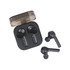 Black square true wireless earbuds with a charging case, displayed with two earbuds outside the case.
