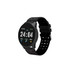 A round black smart watch featuring a digital display and a black strap, with a logo on the side. A round black smart watch featuring a digital display and a black strap, with a logo on the side.