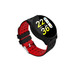 A round smart watch with a black body and a red silicone strap, featuring a digital display with various metrics. A round smart watch with a black body and a red silicone strap, featuring a digital display with various metrics.