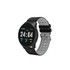A black round smart watch with a digital display and a perforated strap. It features various icons and functions. A black round smart watch with a digital display and a perforated strap. It features various icons and functions.