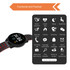 A round black smart watch with a red and black strap, featuring various icons for functionalities and a logo. A round black smart watch with a red and black strap, featuring various icons for functionalities and a logo.