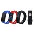 A multifunctional smart band in blue, red, and black, featuring a display and a logo on the strap. A multifunctional smart band in blue, red, and black, featuring a display and a logo on the strap.