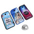 Three lockable phone pouches in blue and light blue, each with a different design and a silver stand.
