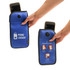 A blue Phone Locker® lockable phone pouch held in hands, featuring a pocket for a mobile phone and a button for locking.