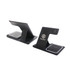 A black 3-in-1 portable wireless charger with a stand and multiple charging surfaces. It features a branding logo. A black 3-in-1 portable wireless charger with a stand and multiple charging surfaces. It features a branding logo.