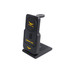 A black charging station with a vertical stand and a logo, designed for a drone camera. A black charging station with a vertical stand and a logo, designed for a drone camera.