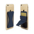 A navy PU phone stand card holder attached to a gold smartphone, with a card slot accessible on one side.