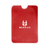 A red RFID card protector sleeve with a logo on the front. The sleeve has a top cut-out for easy access.
