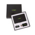 A black gift box contains a card, a USB drive, and a small RFID tag, all featuring a logo.