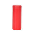 A large red metal cylinder tin canister with a smooth finish and a matching lid. A large red metal cylinder tin canister with a smooth finish and a matching lid.