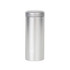 A large silver metal cylinder tin canister with a smooth, rounded lid. It features a logo. A large silver metal cylinder tin canister with a smooth, rounded lid. It features a logo.