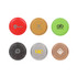 A collection of six round metal canister lids in red, gold, green, black, silver, and copper finishes, featuring various logos. A collection of six round metal canister lids in red, gold, green, black, silver, and copper finishes, featuring various logos.