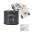 A black tin can without a lid, accompanied by various decorative stickers and a logo on the front. A black tin can without a lid, accompanied by various decorative stickers and a logo on the front.