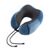 A blue U-shaped travel pillow with a velvety texture and a mesh interior, featuring adjustable cords.