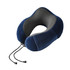 A navy blue U-shaped travel pillow with a soft texture and a striped inner lining, featuring adjustable cords.