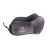 A grey U-shaped memory foam travel pillow with a textured surface and a logo. Suitable for leisure activities.