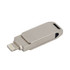 A silver swivel flash drive with a Lightning connector and a sleek design, featuring a logo on the surface.