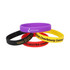 Four silicon wristbands in purple, yellow, black, and red, featuring a logo and printed text.