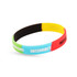 A silicone wristband featuring sections in green, blue, yellow, red, and black. Includes a logo. A silicone wristband featuring sections in green, blue, yellow, red, and black. Includes a logo.