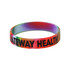 A marble coloured silicon wristband featuring a logo, with vibrant hues of red, green, and purple. A marble coloured silicon wristband featuring a logo, with vibrant hues of red, green, and purple.