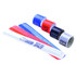 A set of five reflective slap bands in red, blue, white, and black, featuring logos and branding.