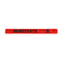 A reflective slap band in bright red with black text and a logo. Ideal for visibility and safety.