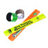 Four slap bands in various colours: neon yellow, orange, green, and black, with a logo on one.