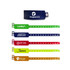 A selection of colourful disposable reflective PVC wristbands in green, blue, orange, and red, each featuring a logo.