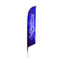 A blue angled feather banner featuring a logo and text in white, with a tall, slim design. A blue angled feather banner featuring a logo and text in white, with a tall, slim design.