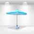 A light blue patio umbrella with valances and a base, featuring a logo, set against a plain background.