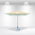 A yellow and green commercial market umbrella with a sturdy base and a central pole, featuring a logo on the canopy.