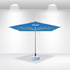 A blue commercial market umbrella with a sturdy base and a central pole, featuring a logo on the canopy.